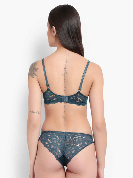 Women's Elegant Lace Love Double Padded Underwired Push up Bra Panty Bridal Set