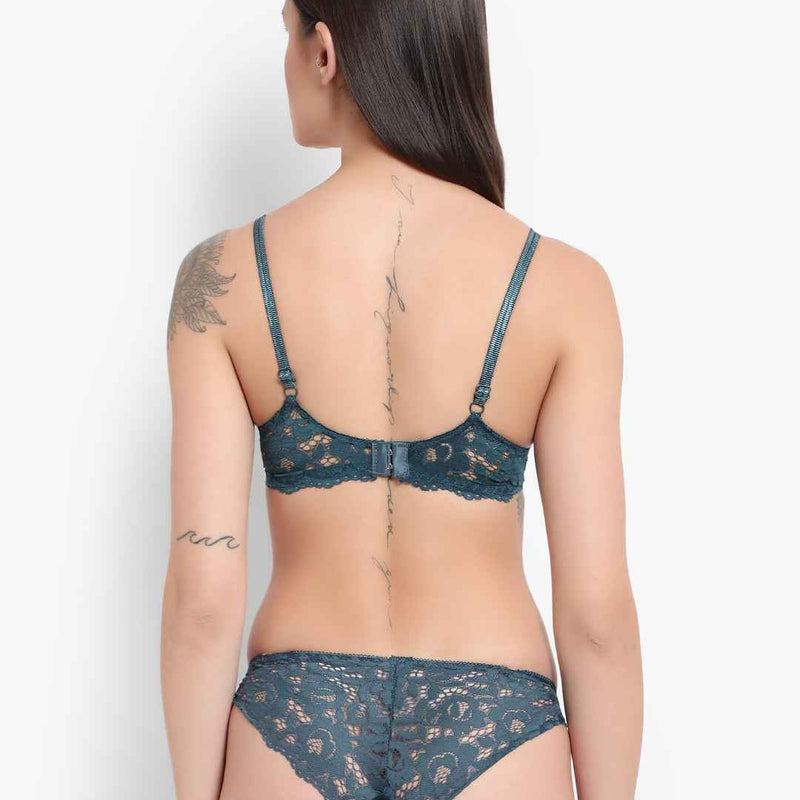 Women's Elegant Lace Love Double Padded Underwired Push up Bra Panty Bridal Set