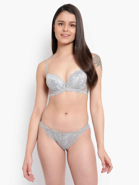 Women's Elegant Lace Love Double Padded Underwired Push up Bra Panty Bridal Set