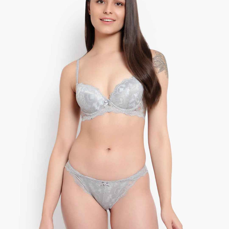 Women's Elegant Lace Love Double Padded Underwired Push up Bra Panty Bridal Set