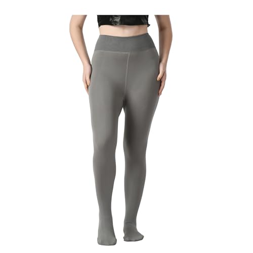 "Women Grey Solid Footed Thermal Bottom Thick Fur Thermal Tights Stockings - Brachy"