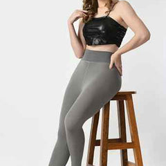 Plus Size Women Grey Comfort Fleece Footed Fur Stocking Winter Wear Extra Warm, Woolen High Waisted Lined Thigh Highs