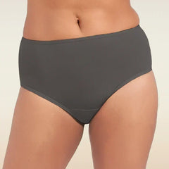 Person wearing dark gray mid-waist  underwear on a beige background