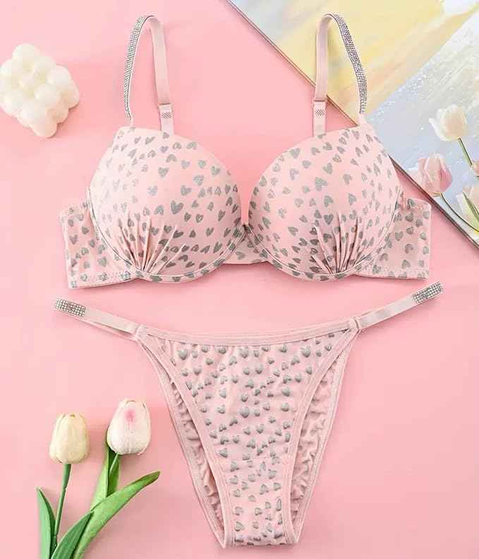 Brachy Women Printed Padded Wired Push Up Bra with Sexy Shine Seamless Panty Lingerie Set