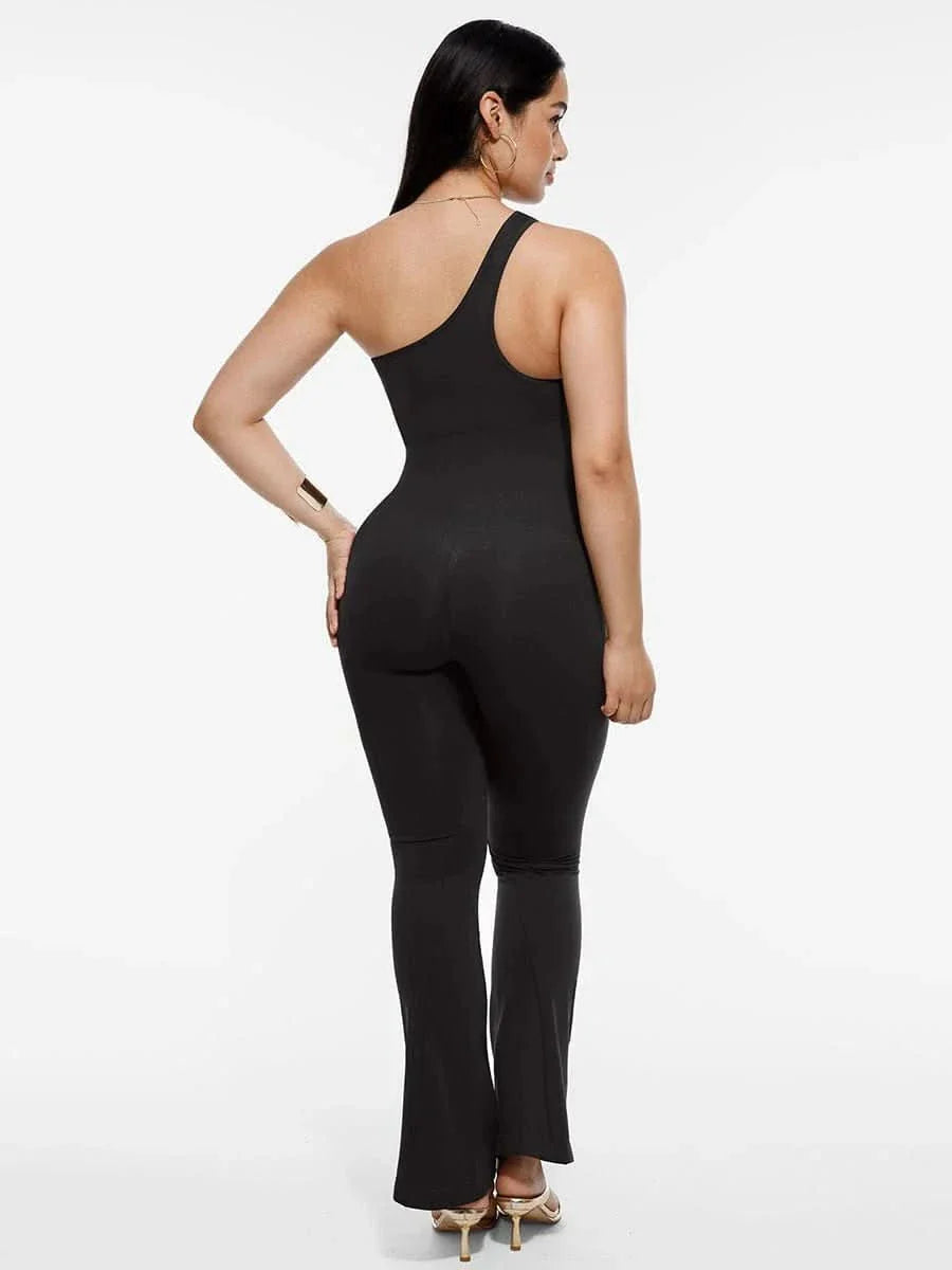 Sloped Shoulders Shaping Jumpsuit with Flared Legs
