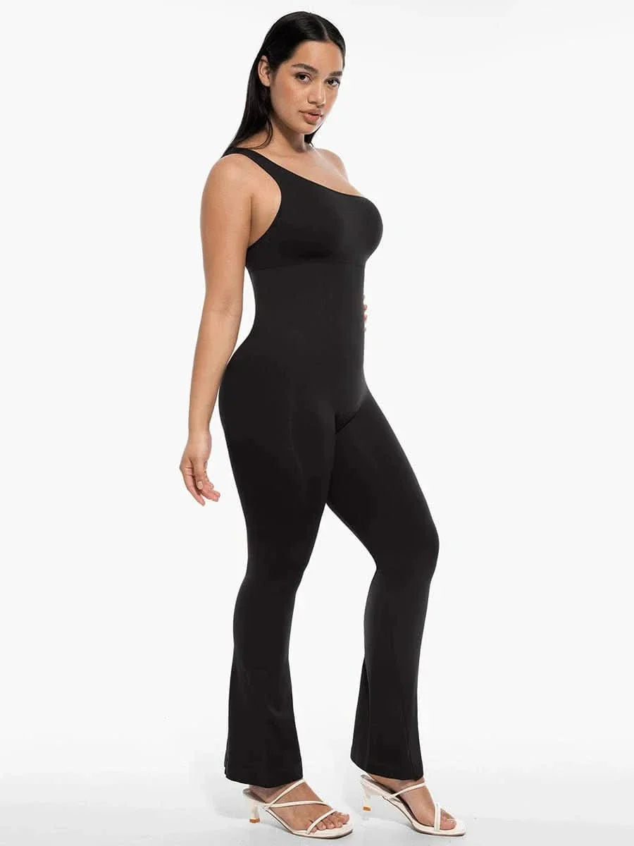 Sloped Shoulders Shaping Jumpsuit with Flared Legs