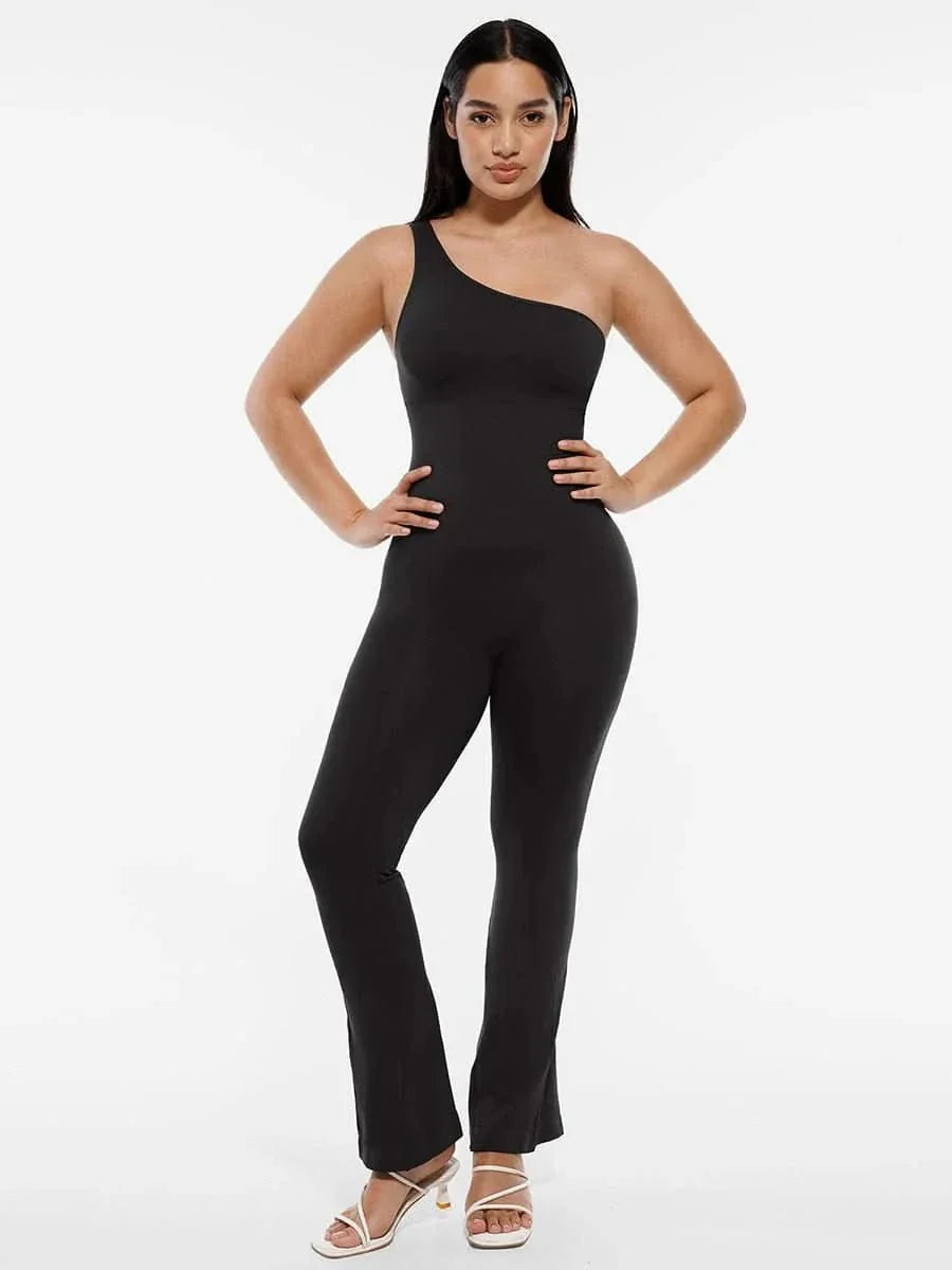 Sloped Shoulders Shaping Jumpsuit with Flared Legs
