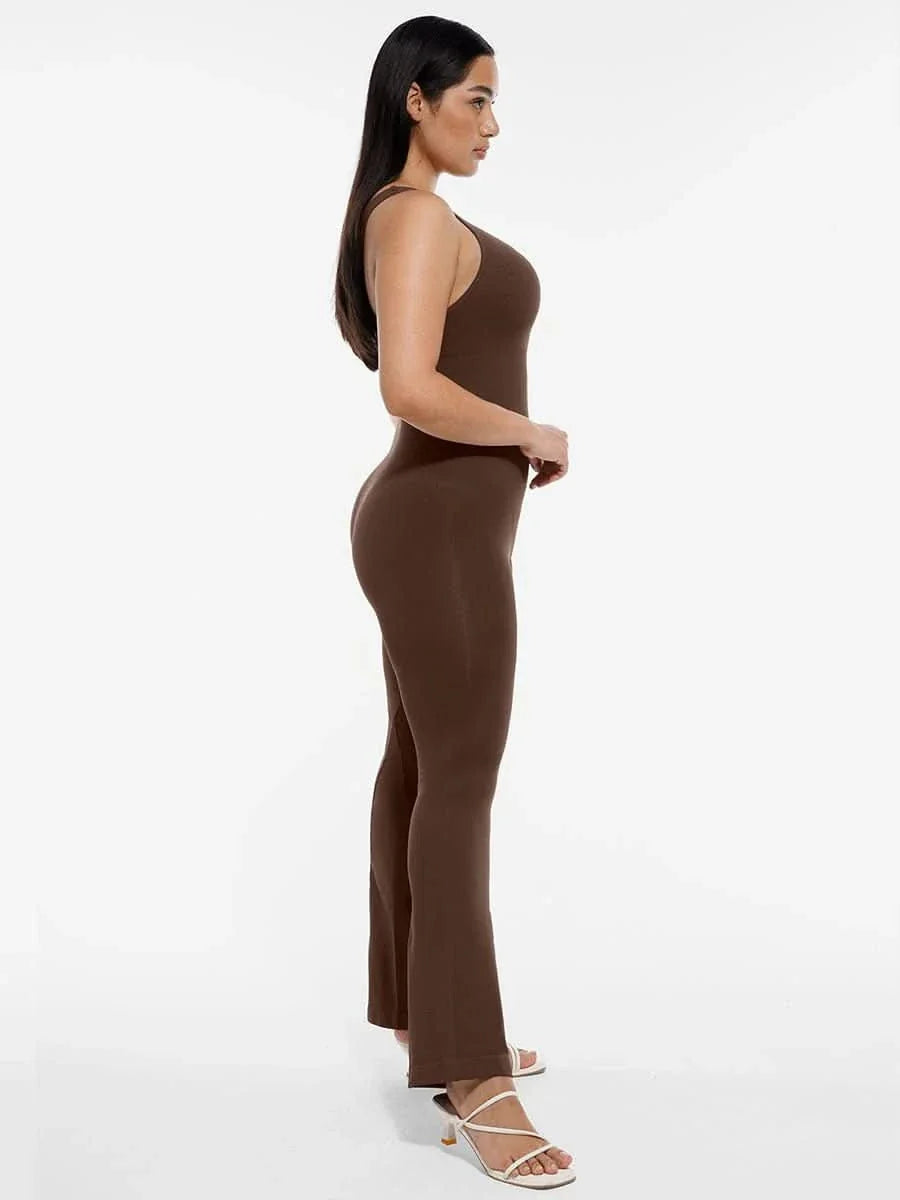 Sloped Shoulders Shaping Jumpsuit with Flared Legs