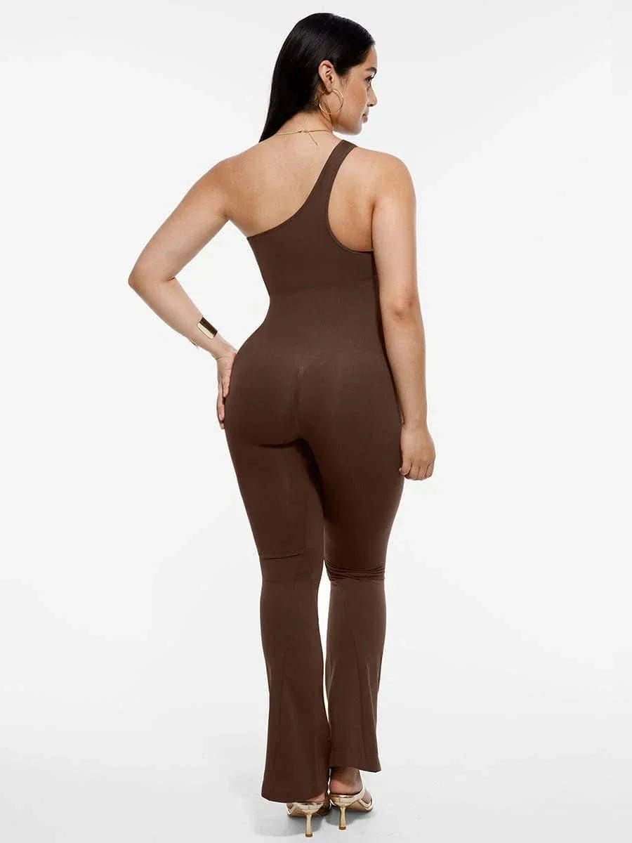 Sloped Shoulders Shaping Jumpsuit with Flared Legs