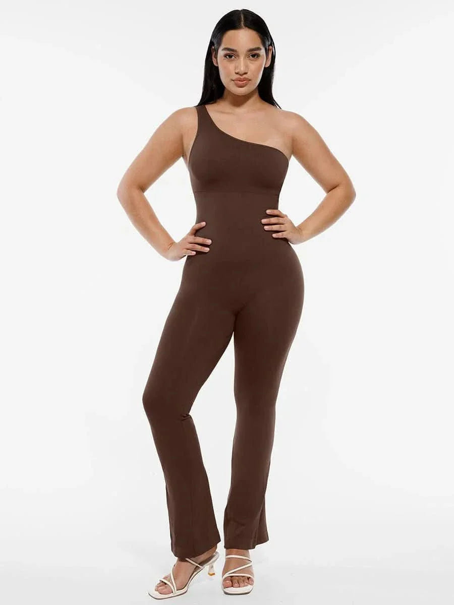 Sloped Shoulders Shaping Jumpsuit with Flared Legs
