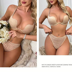 Brachy Women Lightly Padded Underwired Self Design Plunge Lace Lingerie Set