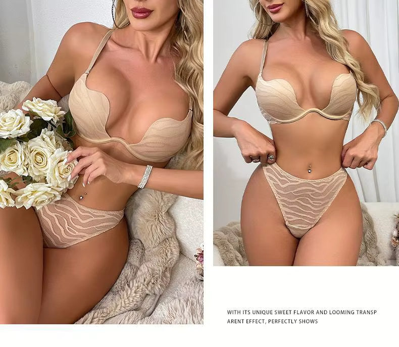 Brachy Women Lightly Padded Underwired Self Design Plunge Lace Lingerie Set