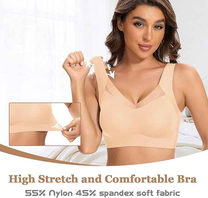 Women Wirefree Comfortable Padded Lift Push Up Thin Soft Sexy Back Smoothing Everyday Pullover Bras