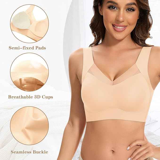 Women Wirefree Comfortable Padded Lift Push Up Thin Soft Sexy Back Smoothing Everyday Pullover Bras