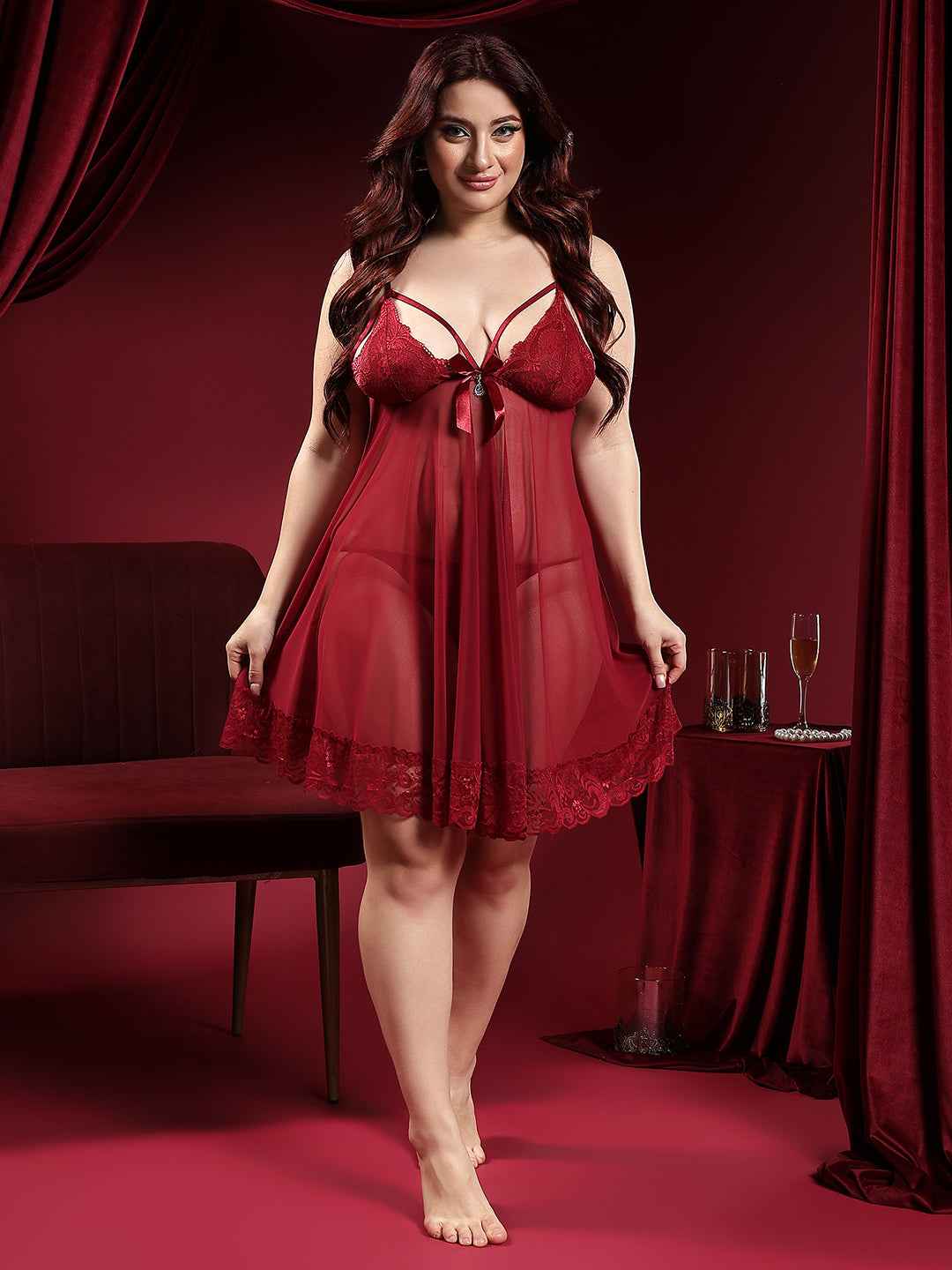 Women Plus Size Sexy Baby Dolls Self-Design V-Neck with Thong Briefs Lingerie