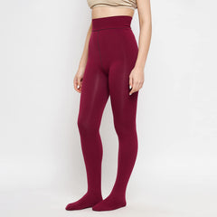 Plus Size Women Maroon Comfort Fleece Footed Fur Stocking Winter Wear Extra Warm, Woolen High Waisted Lined Thigh Highs