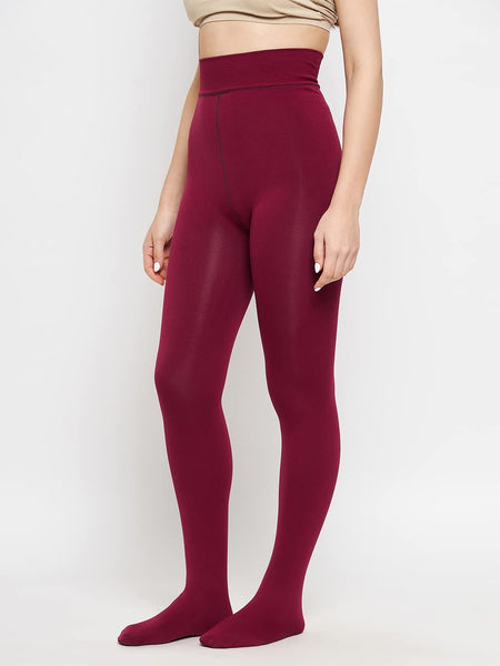 Plus Size Women Maroon Comfort Fleece Footed Fur Stocking Winter Wear Extra Warm, Woolen High Waisted Lined Thigh Highs