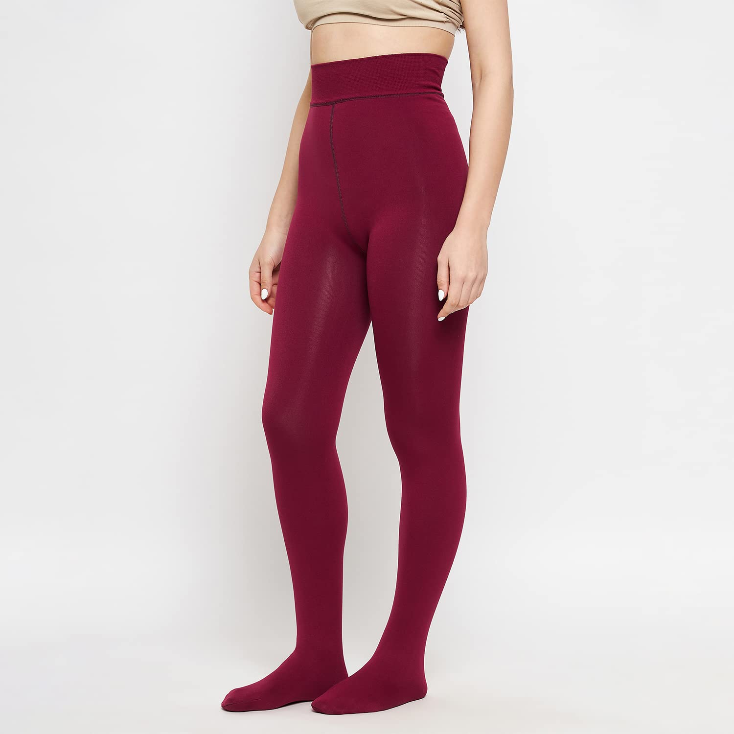 Plus Size Women Maroon Comfort Fleece Footed Fur Stocking Winter Wear Extra Warm, Woolen High Waisted Lined Thigh Highs