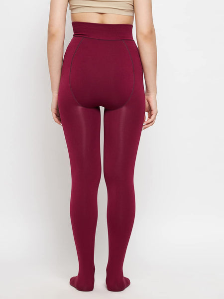 Plus Size Women Maroon Comfort Fleece Footed Fur Stocking Winter Wear Extra Warm, Woolen High Waisted Lined Thigh Highs