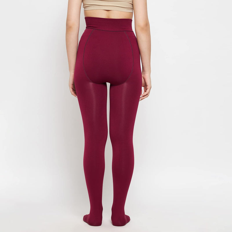 Plus Size Women Maroon Comfort Fleece Footed Fur Stocking Winter Wear Extra Warm, Woolen High Waisted Lined Thigh Highs