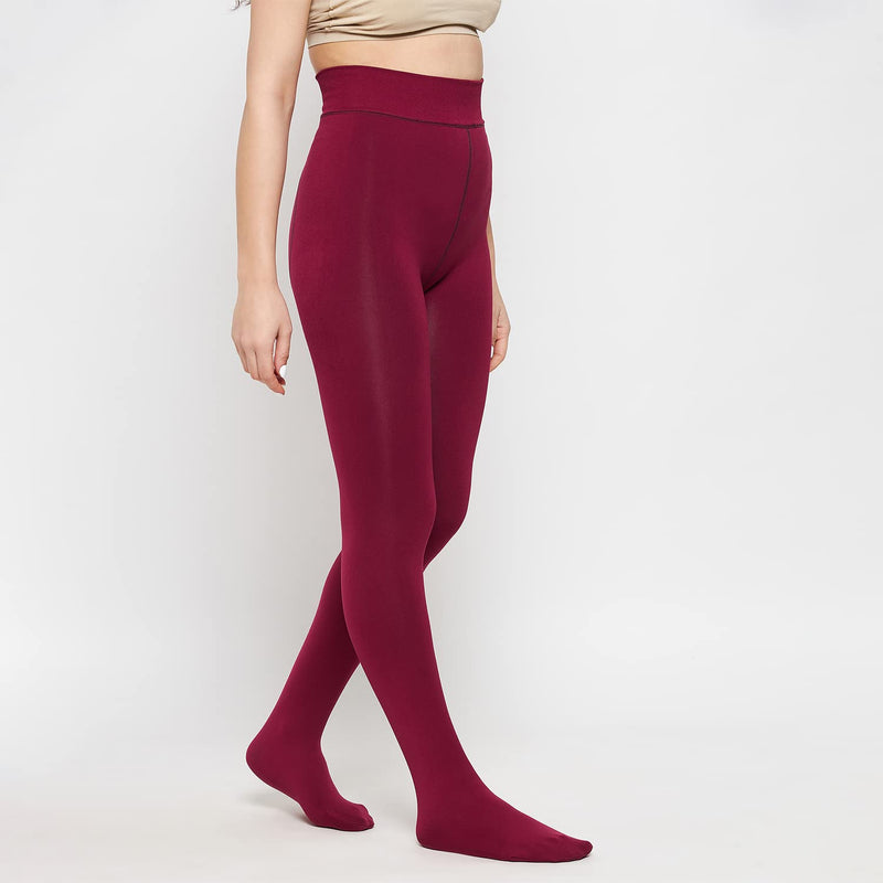 Plus Size Women Maroon Comfort Fleece Footed Fur Stocking Winter Wear Extra Warm, Woolen High Waisted Lined Thigh Highs