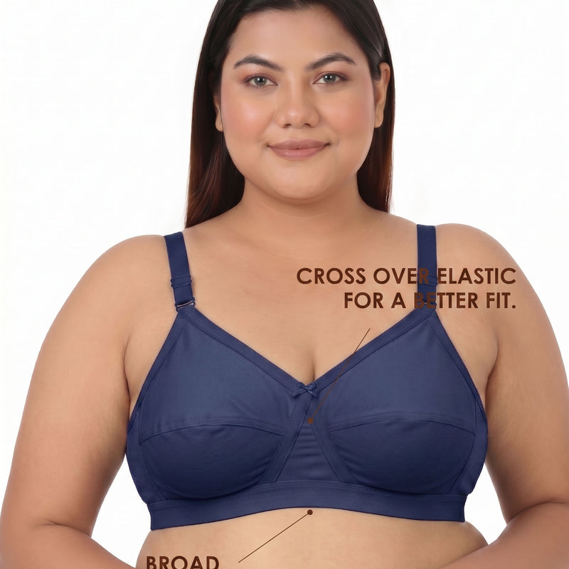Blossom Max Support Bra - Woven Cotton Plus Size Cross Over Bra with Wide Straps & Bottom Bands for Extra Support