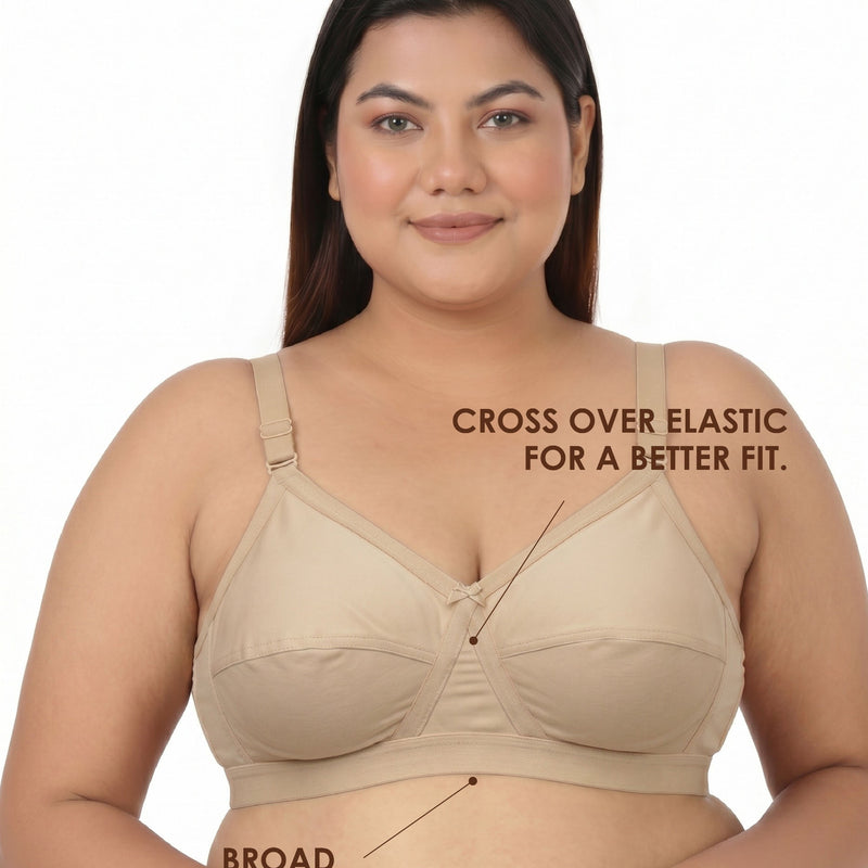 Blossom Max Support Bra - Woven Cotton Plus Size Cross Over Bra with Wide Straps & Bottom Bands for Extra Support