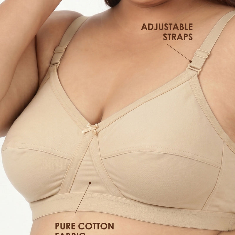 Blossom Max Support Bra - Woven Cotton Plus Size Cross Over Bra with Wide Straps & Bottom Bands for Extra Support
