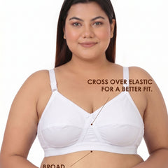Blossom Max Support Bra - Woven Cotton Plus Size Cross Over Bra with Wide Straps & Bottom Bands for Extra Support