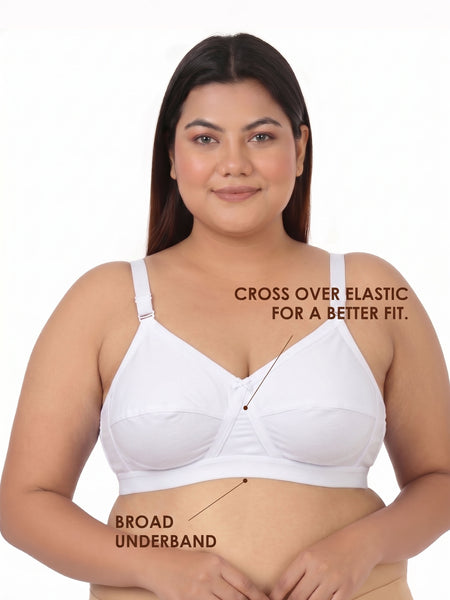 Blossom Max Support Bra - Woven Cotton Plus Size Cross Over Bra with Wide Straps & Bottom Bands for Extra Support