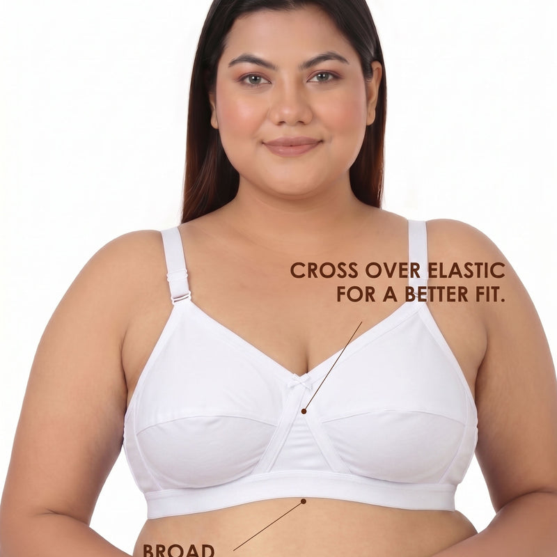 Blossom Max Support Bra - Woven Cotton Plus Size Cross Over Bra with Wide Straps & Bottom Bands for Extra Support
