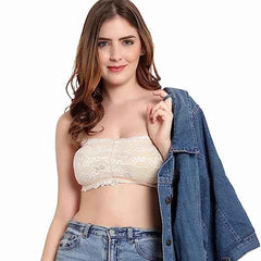 Women Lace Full Coverage Padded Non-Wired Tube Bandeau Bra
