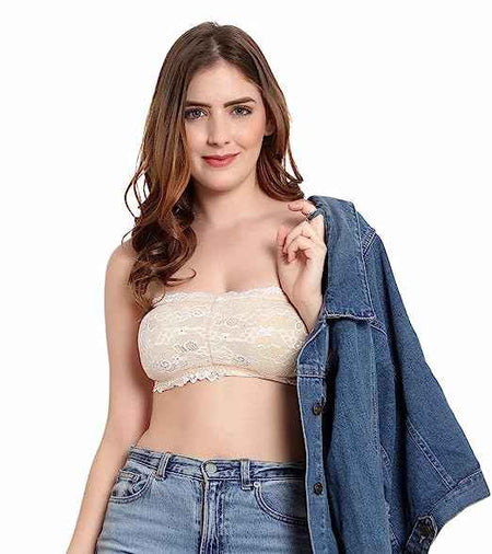 Women Lace Full Coverage Padded Non-Wired Tube Bandeau Bra