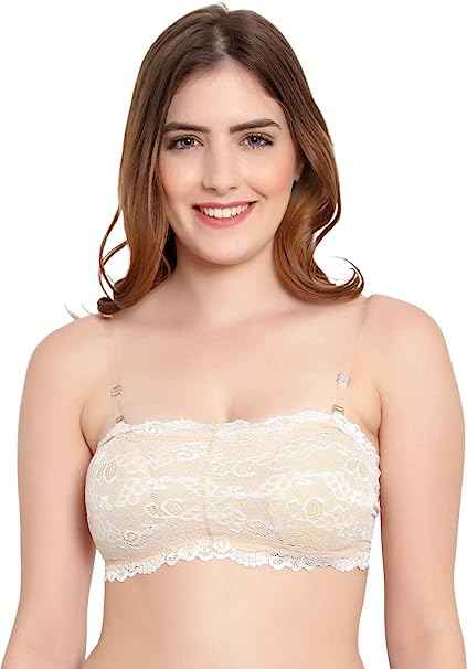 Women Lace Full Coverage Padded Non-Wired Tube Bandeau Bra
