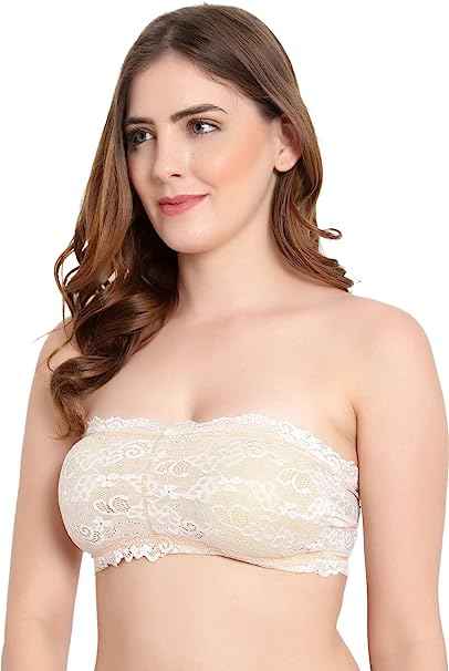 Women Lace Full Coverage Padded Non-Wired Tube Bandeau Bra