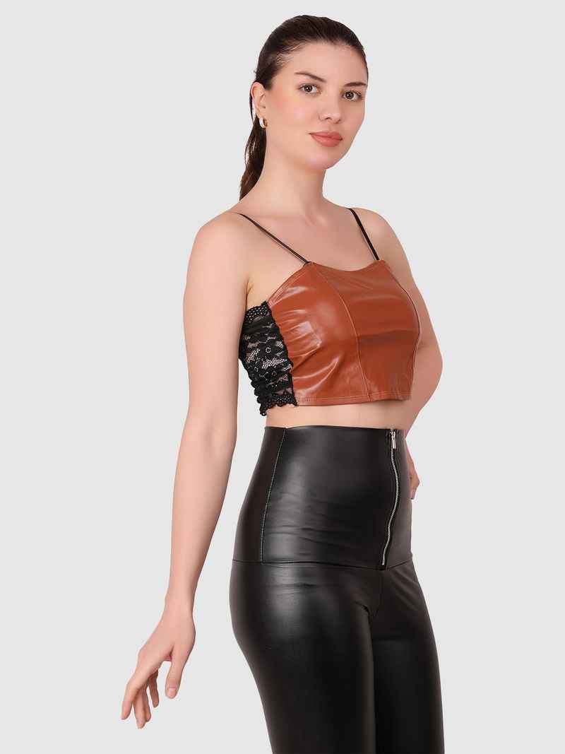Women Brown  PU Leather Crop Top Solid Bandeau Tube Tops