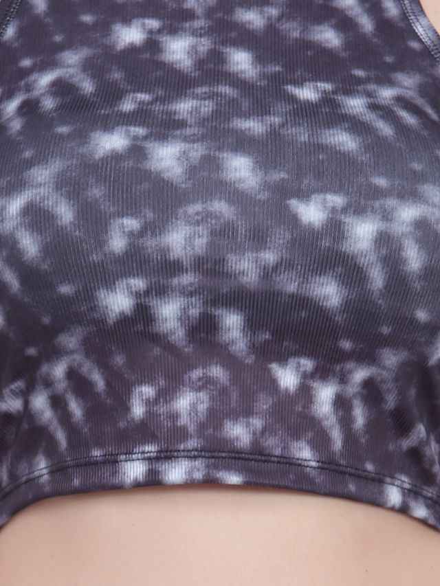 Abstract Printed Round Neck Fitted Opaque Crop Cotton Fitted Top