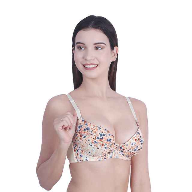 Women Beige & White Floral Underwired Lightly Padded Pushup T-Shirt Bra