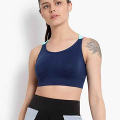 Navy Blue Solid Non-Wired Removable Padding Workout Bra