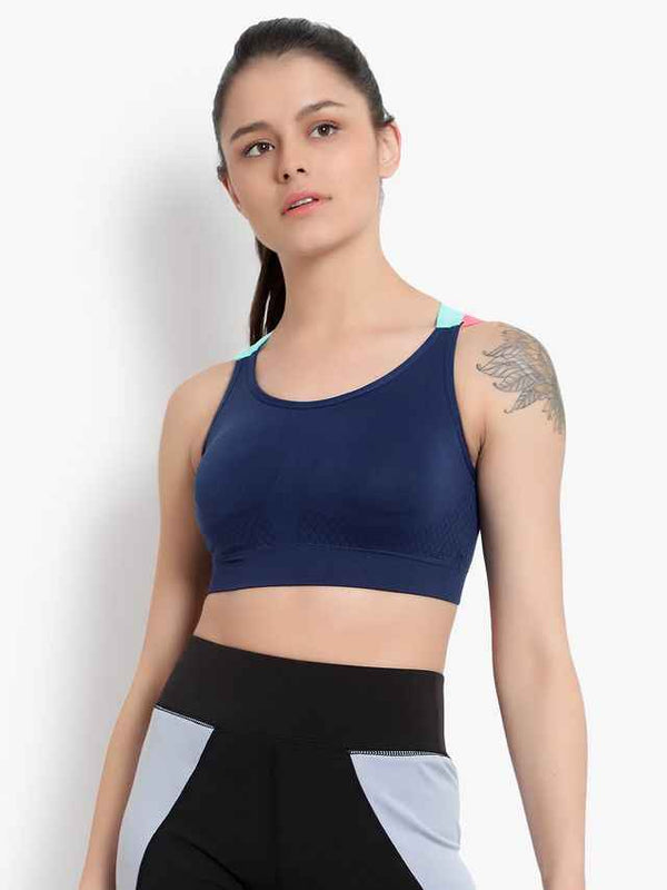 Navy Blue Solid Non-Wired Removable Padding Workout Bra