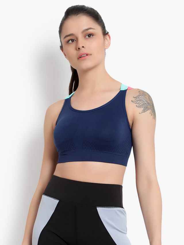 Navy Blue Solid Non-Wired Removable Padding Workout Bra