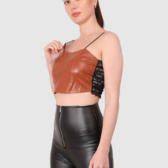 Women Brown  PU Leather Crop Top Solid Bandeau Tube Tops