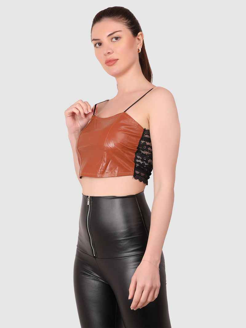 Women Brown  PU Leather Crop Top Solid Bandeau Tube Tops