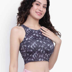 Abstract Printed Round Neck Fitted Opaque Crop Cotton Fitted Top
