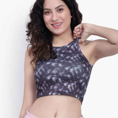 Abstract Printed Round Neck Fitted Opaque Crop Cotton Fitted Top