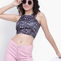 Abstract Printed Round Neck Fitted Opaque Crop Cotton Fitted Top