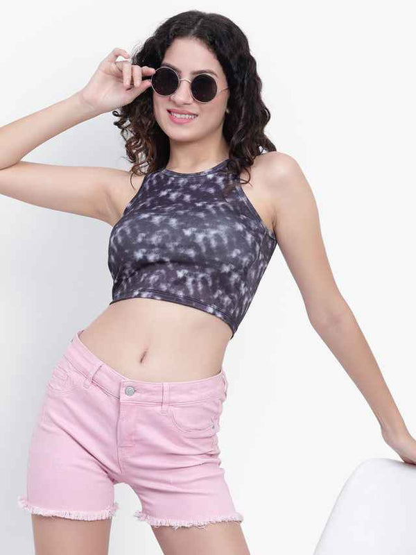 Abstract Printed Round Neck Fitted Opaque Crop Cotton Fitted Top