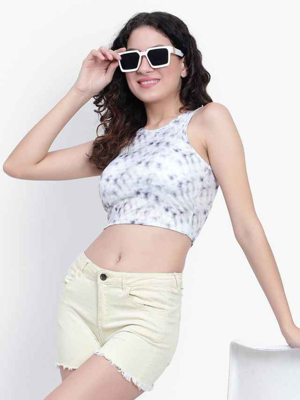 Abstract Printed Round Neck Fitted Opaque Crop Top