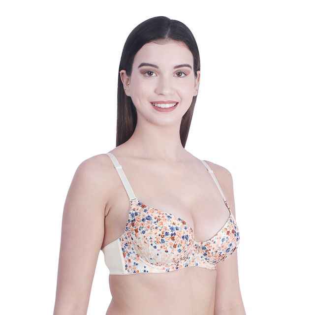 Women Beige & White Floral Underwired Lightly Padded Pushup T-Shirt Bra