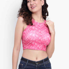 Abstract Printed Round Neck Fitted Opaque Crop Cotton Fitted Top